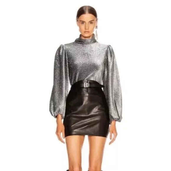 Ganni Tops - Ganni Lurex Jersey Silver Metallic Long Puff Sleeve Turtleneck Jumper Top